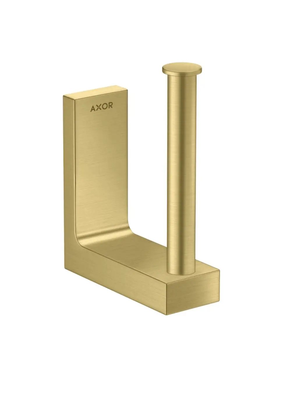 Papierrollenhalter in gebürstetem Messing mit rechteckiger Basis von AXOR. Er dient zur Montage an Wänden und ermöglicht das einfache Einlegen von Papierrollen.